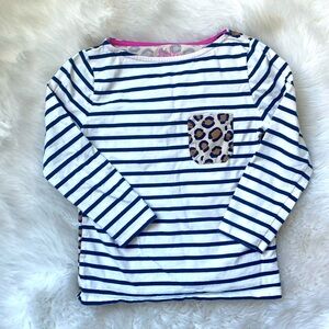 Mini Boden stripe and leopard long sleeve shirt. Contrasting pocket.